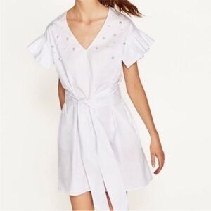 Zara Poplin White Mini Dress Pearl Accents M Cotton
